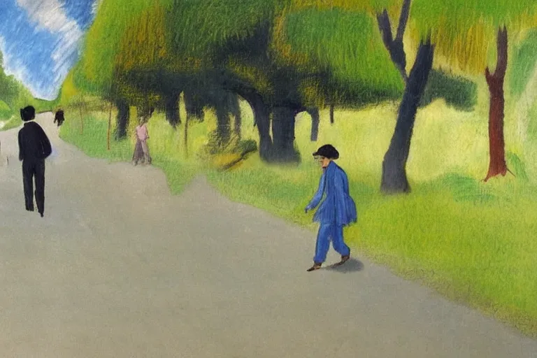 Image similar to a tall man with dark hair holding the hands of a small boy with dark hair as they walk down a suburban highway on a bright beautiful colorful day. part in the style of an edgar degas painting. part in the style of david hockney