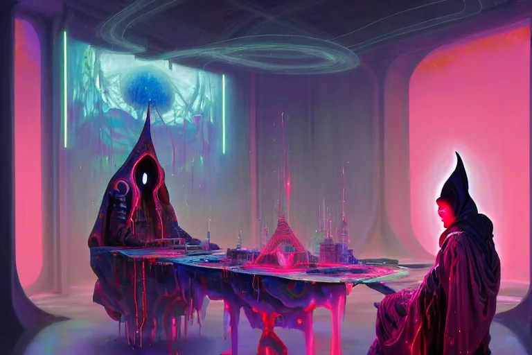 Prompt: a highly detailed beautiful masterpiece painting of a technomancer wizard in robes with pointed hood discussing sentience with his synthesized AI djinn in his laboratory near a computer by Remedios Varo and Anato Finnstark and Greg Rutkowski, dayglo pink, dayglo blue, dazzle camouflage, 8k, trending on ArtStation