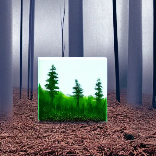 Image similar to A bob ross painting of a white concrete cube sitting in a forest clearing, digital art