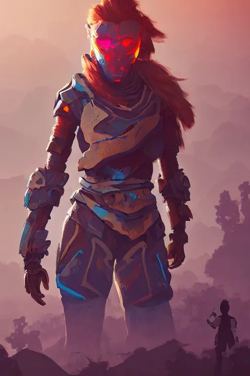 Image similar to combination suit armor aloy horizon forbidden west horizon zero dawn radiating a glowing aura global illumination ray tracing hdr fanart arstation by ian pesty and alena aenami artworks in 4 k tribal robot ninja mask helmet backpack