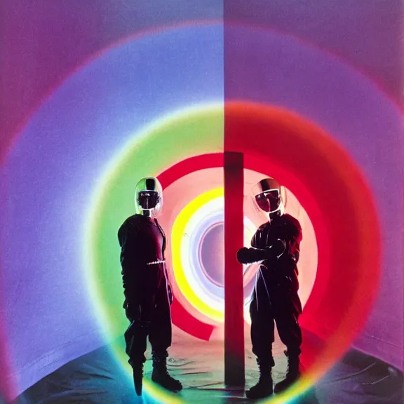 Image similar to two time generals wearing flight masks and red rick owens flight suits with their hands behind their backs inside the glowing geometric rainbow portal to the sixth dimension by frank frazetta