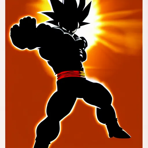 Image similar to poster of goku's silhouette with a sun in the background, simple style, all flat colors and shapes, character art, sharp focus, highly detailed, artstation