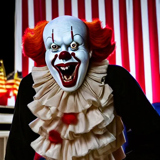 Image similar to Pennywise the clown (2017) giving an official speech as president of the USA in front of the USA flag, 4K realistic award-winning