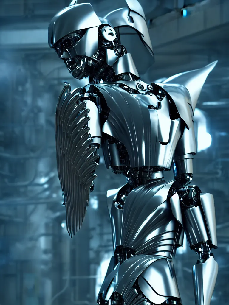 Image similar to film still of a mechanical angel in a marvel movie, science fiction industrial hard science concept art, 8K render octane high definition cgsociety, photorealistic, unreal engine 5