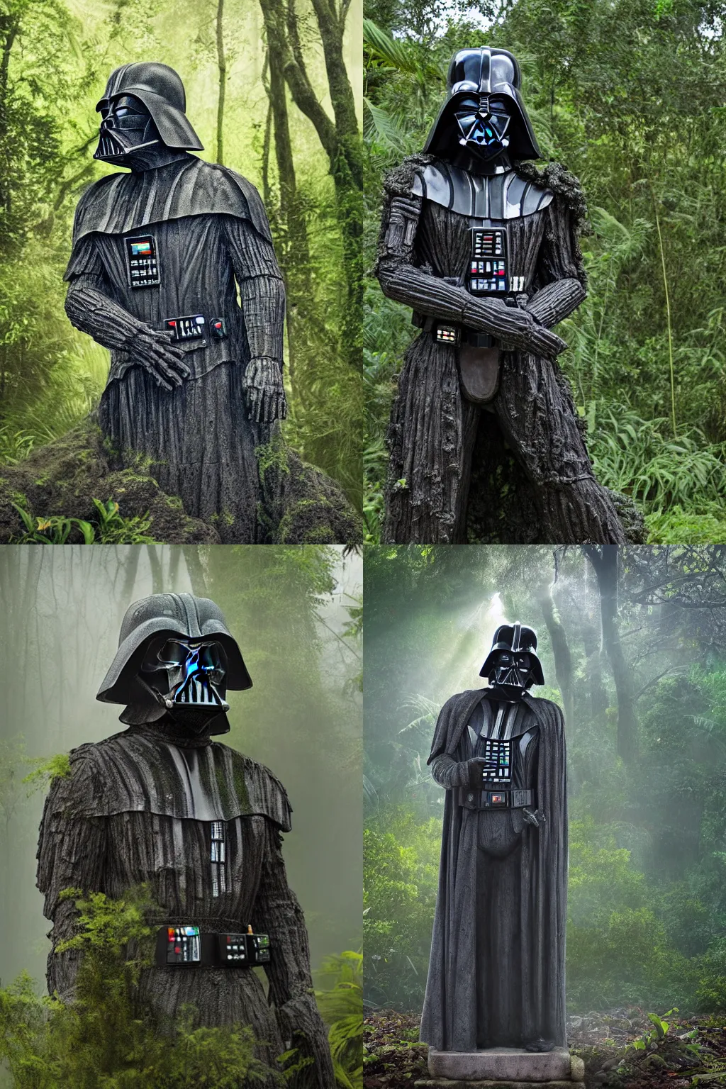 Prompt: very detailed, deteriorated, ancient overgrown statue of Darth Vader in the middle of the jungle, mist, sunbeams, 4k, high quality