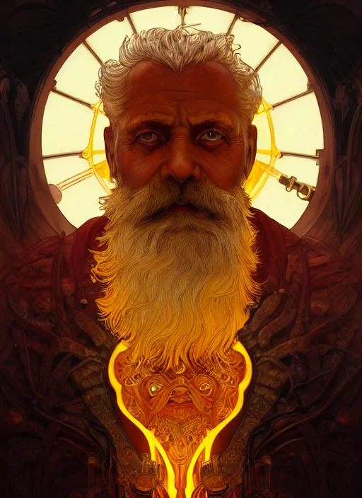 Image similar to the god hephaestus, old man, fiery hair, glowing eyes, volumetric lights, yellow and red scheme, art nouveau botanicals, gothic, intricate, highly detailed, digital painting, artstation, concept art, smooth, sharp focus, symmetric face, illustration, steampunk, art by artgerm and greg rutkowski and alphonse mucha