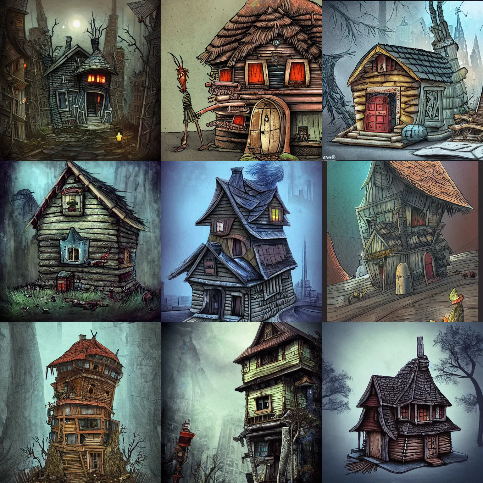 Prompt: baba yaga's house in a city, urban fantasy, grimy
