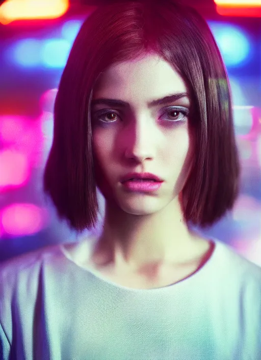 Image similar to A hyper realistic and detailed head portrait photography of young brunette female of Blade Runner 2049 on a futuristic street. by David Dubnitskiy. Neo noir style. Cinematic. neon lights glow in the background. Cinestill 800T film. Lens flare. Helios 44m