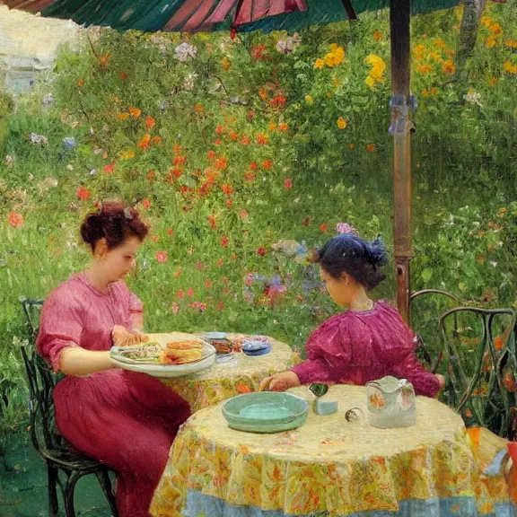 Image similar to a housewife and her daughter putting dishes on a table in the backyard, a tilted parasol sits above the table, a garden with colorful flowers in the background, rainy scene, cozy 1 9 5 0's, medium symmetry, by ilya repin, extreme detail, 8 k, intricate abstract, photorealistic