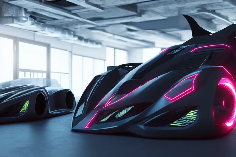 Image similar to cyberpunk batmobile concept inspired sports car, futuristic look, highly detailed body, very expensive, photorealistic camera shot, bright studio setting, studio lighting, crisp quality and light reflections, unreal engine 5 quality render