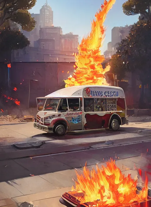 Image similar to highly detailed image of an ice cream truck on fire, in gta v, stephen bliss, unreal engine, fantasy art by greg rutkowski, loish, rhads, ferdinand knab, makoto shinkai and lois van baarle, ilya kuvshinov, rossdraws, tom bagshaw, global illumination, radiant light, detailed and intricate environment