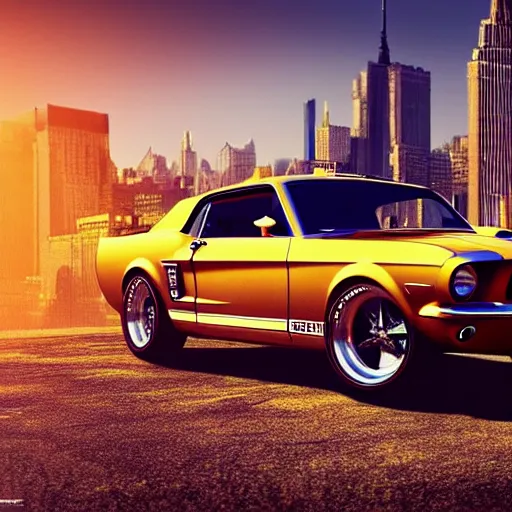 Prompt: 1 9 6 8 ford mustang during golden hour, view of new york in warm light, highly detailed, artstation, concept art