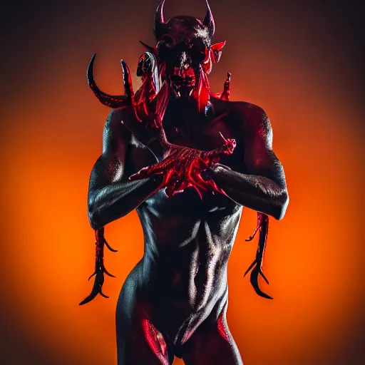 Image similar to A demon, four eyes, four hands, four legs, red skin, epic lighting, taken with Sony a7R camera, EOS-1D, f/1.4, ISO 200, 1/160s, 8K, RAW, unedited, symmetrical balance, in-frame