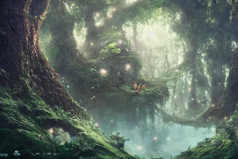 Image similar to fairy kingdom forest, miyazaki, nausicaa, hyper realistic, ambient lighting, concept art, intricate, hyper detailed, smooth, dynamic volumetric lighting, octane, raytrace, cinematic, high quality, high resolution, 4 k, cgsociety