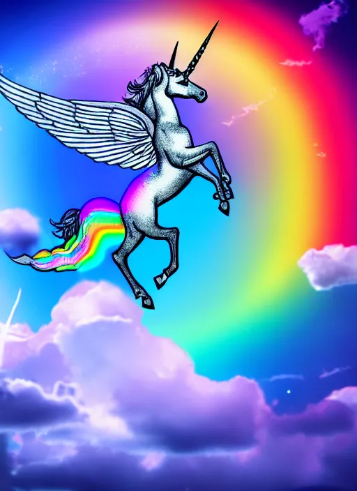 Prompt: intricate unicorn with wings, rainbow, on the background of a weird magical sky with clouds. Very detailed 8k. Fantasy. Sharp. Cinematic post-processing