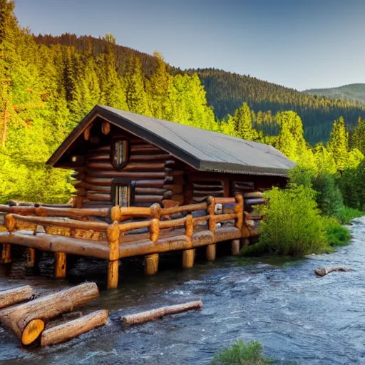 Prompt: DSLR still of a beautiful mountainside river with a pier and a log cabin at sunrise, 4k