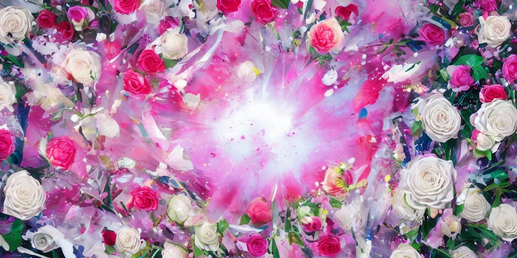 Image similar to background art of magic invisible force blade slicing through a bouquet of white and pink roses, flowers exploding and splattering, paint splatter, acrylic, exploding roses, large rose petals, lotus petals, large polygonal background elements, large polygons, studio ghibli anime, radiant lighting, artgerm, manga, trending on artstation, art nouveau, mature colors