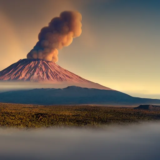 Prompt: a smoky hill with a mountain volcano on a background,4k