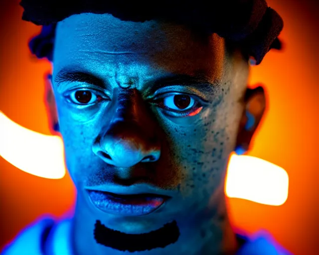 Prompt: 2 8 mm closeup portrait of 2 1 savage top fragging in his live action video game, pipes, wires, dramatic lighting, octane, blue lights, lens flare, industrial, dirty, trending on artstation, golden ratio, h. r. giger, mist, action, volumetric lighting