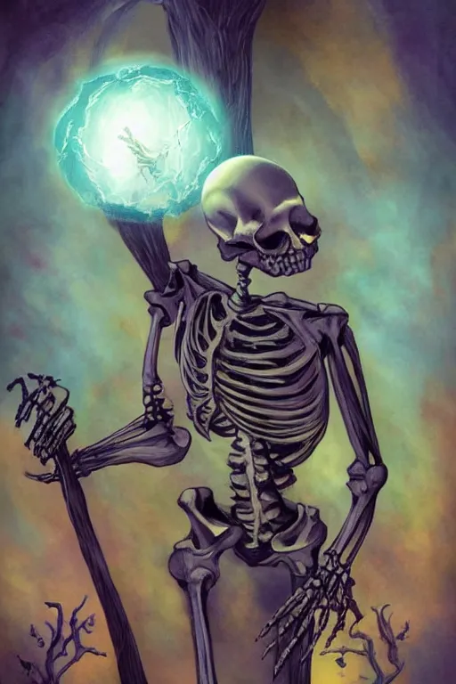 Image similar to a skeleton with a glowing orb in his hands, poster art by Chris Rallis, behance contest winner, gothic art, tarot card, wiccan, macabre