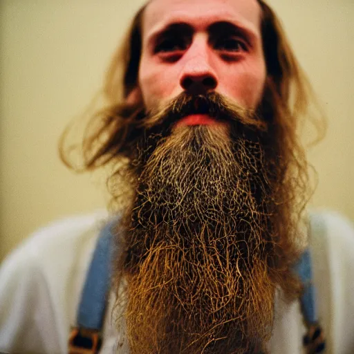 Image similar to far view, in british museum, extremely skinny malnourished redneck white male with long beard, wearing dirty overalls, dirty greasy face, grin, portrait, close up, kodak gold 2 0 0, 5 0 mm,