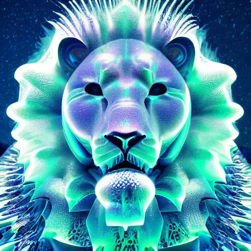 Image similar to a crystalline 3 d mandelbulb fractal in the shape of a lion, bioluminescent opal, fractal, magnificent lighting, ethereal, ray tracing, octane