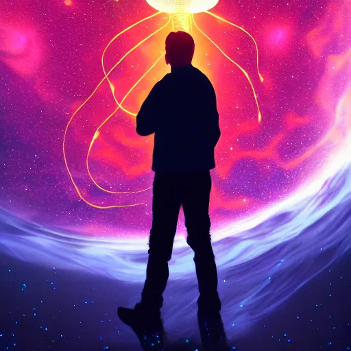 Image similar to over the shoulder photo of a man watching a magic glowing jellyfish in glowing cosmic stardust, colorful stars, galaxies, space, award winning photo, intricate, high detail, atmospheric, desolate, artstation