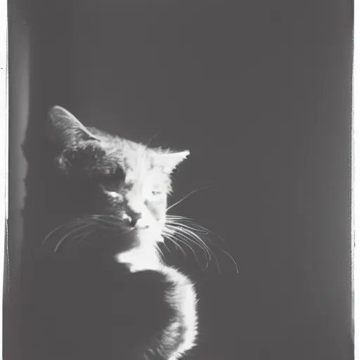 Image similar to wide - shot low - angle ant's eye view of cat shadow on the wall, polaroid photo, by andy warhol