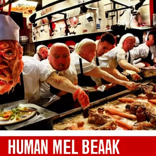 Image similar to human meat restaurant, horror, nightmare, cook, food, cooking