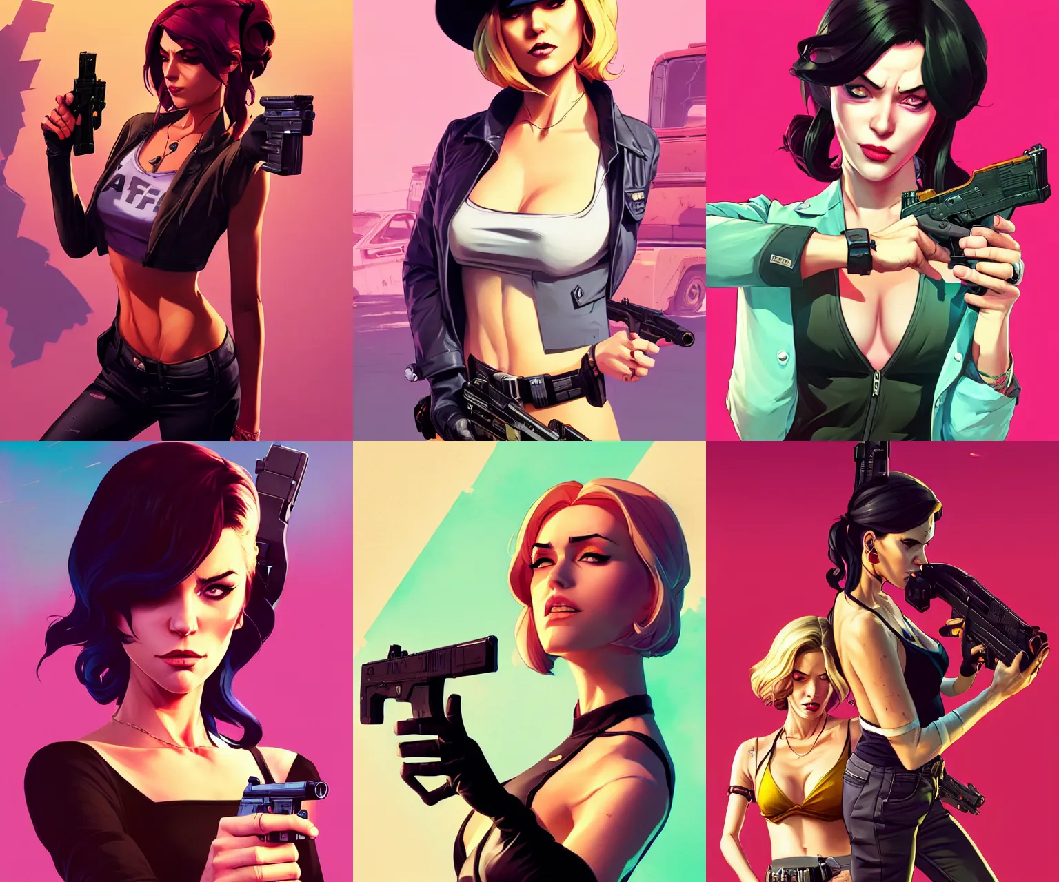 Prompt: portrait of femme fatale with pistol, gta v cover art, borderlands style, celshading, trending on artstation, by rhads, andreas rocha, rossdraws, makoto shinkai, laurie greasley, lois van baarle, ilya kuvshinov and greg rutkowski, 4 k