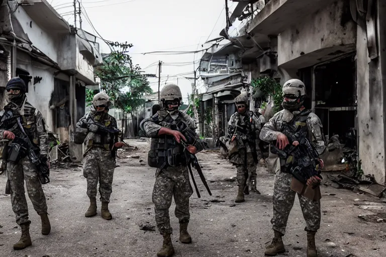 Image similar to Mercenary Special Forces soldiers in grey uniforms with black armored vest and black helmets in urban warfare in Thailand 2022, Canon EOS R3, f/1.4, ISO 200, 1/160s, 8K, RAW, unedited, symmetrical balance, in-frame, combat photography