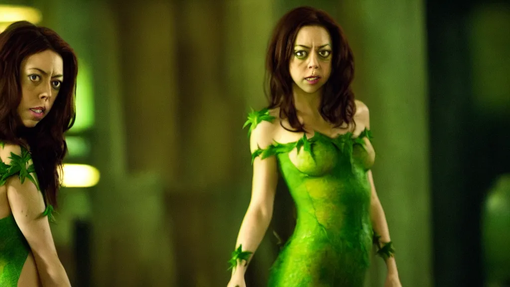 Image similar to Aubrey Plaza as Poison Ivy in The Dark Knight, only her in the shot, green skin film still from the movie, wide lens