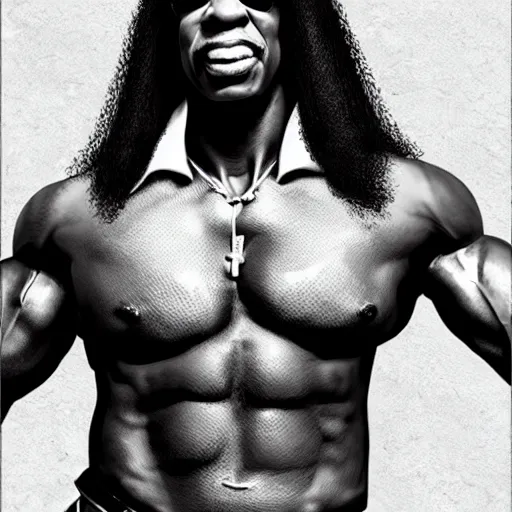 Image similar to Rick james with the physique of a body builder, hyper realistic, ultra detailed, cinematic, dynamic lighting, photorealistic, refined, intricate, digital art, digital painting, masterpiece, 8k