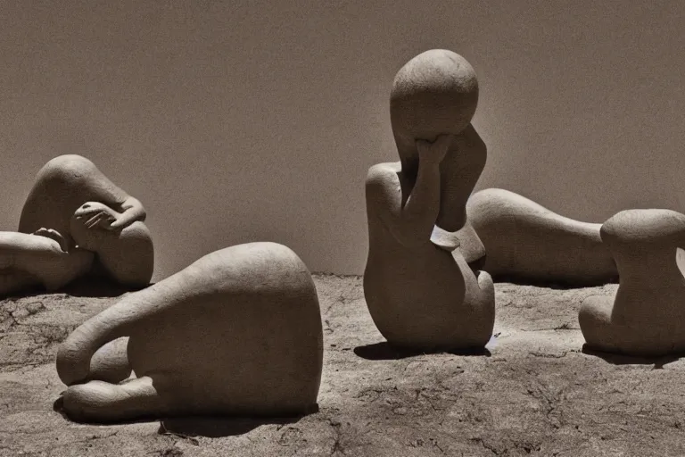 Prompt: surrealist sculpture figures by max ernst in a california desert landscape