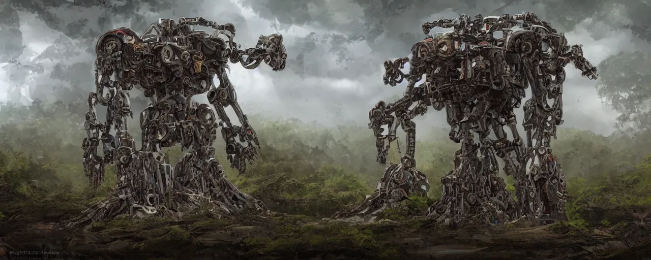 Prompt: ancient biomechanical mecha embedded in the ground, biomechanical aztec landscape in forest, concept art, 4 k, matte painting