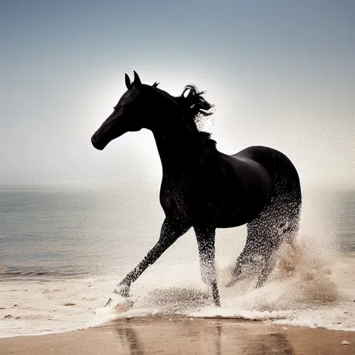 Image similar to an arabian black horse running in front of a sea, wind in its mane, on the beach, the sun is exploding, smoke everywhere