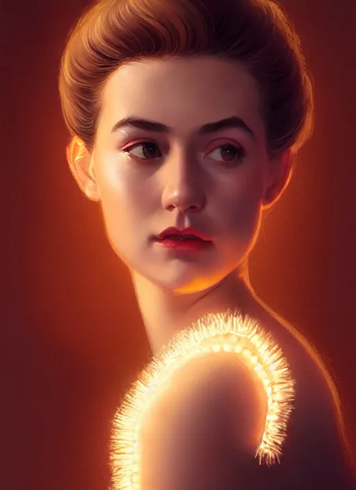 Image similar to portrait of betty cooper with fluffy bangs, bangs, 1 9 6 0 s, ponytail, curly bangs and ponytail, rounder face, intricate, elegant, glowing lights, highly detailed, digital painting, artstation, concept art, smooth, sharp focus, illustration, art by wlop, mars ravelo and greg rutkowski