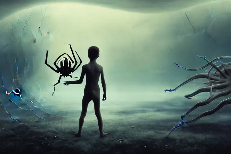 Image similar to realistic detailed photorealistic film portrait shot of a ghost kid playing with giant spider, futuristic sci-fi landscape on background by Denis Villeneuve, Amano, Yves Tanguy, Alphonse Mucha, Ernst Haeckel, Max Ernst, Andrei Tarkovsky, Edward Robert Hughes, Roger Dean, necklace, dynamic pose, rich moody colours, wide angle, blue eyes