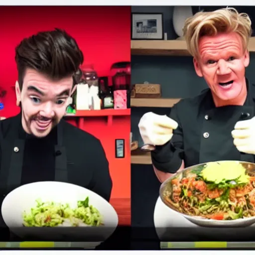 Prompt: Jacksepticeye cooks a 5 star meal, Gordon Ramsay is impressed and in shock