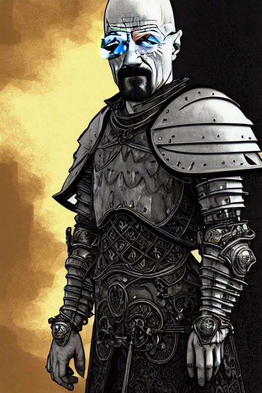 Prompt: Walter White beautiful luxury and evil and victorian and gothic medieval white armor knight portrait+front face, ultradetail face, ruined gothic cathedral, art and illustration by tian zi and craig mullins and WLOP and alphonse mucha, ssci-fi, fantasy, intricate complexity, human structure, hypermaximalist, fantasy character concept, dynamic lighting, neon light, watermark, blurry, hyperrealism 8k