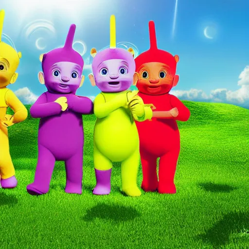 Image similar to teletubbies photorealistic, high quality, detailed, 8k rendered