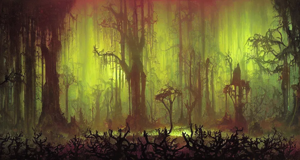 Image similar to A dense and dark enchanted forest with a swamp, by PAUL LEHR ,