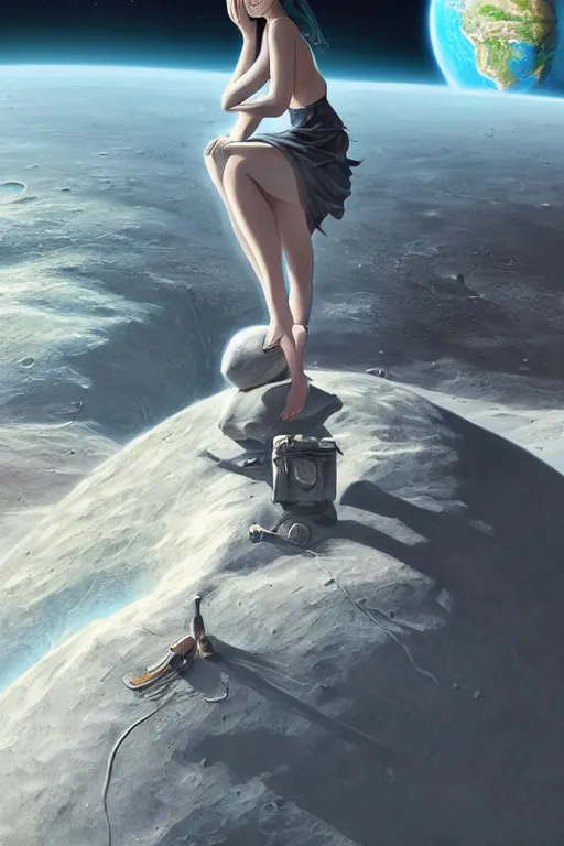 Image similar to sitting on the moon with a view of the earth in the background, elegant, digital painting, highly detailed, artstation, concept art, smooth, sharp focus, illustration, art by artgerm and greg rutkowski.