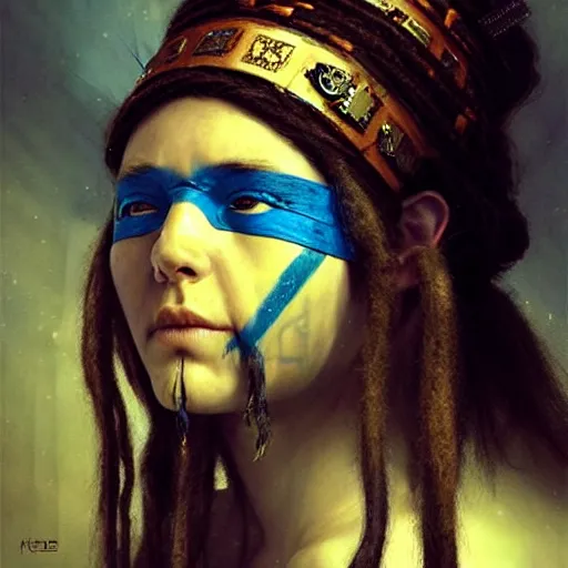 Image similar to A young blindfolded shaman woman with a decorated headband, in the style of heilung, blue hair dreadlocks and wood on her head, atmospheric lighting, intricate detail, cgsociety, ambient light, dynamic lighting, art by karol bak