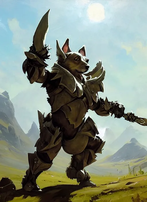 Image similar to Greg Manchess painting of a Corgi Charr from Guild Wars 2 wearing Forerunner Armor from Halo, countryside, calm, fantasy character portrait, dynamic pose, above view, sunny day, artwork by Jeremy Lipkin and Giuseppe Dangelico Pino and Michael Garmash and Rob Rey, very coherent asymmetrical artwork, sharp edges, perfect face, simple form, 100mm