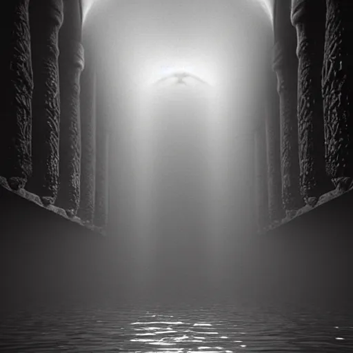 Image similar to hyperrealism hyperdetail. submerged cathedral of dagon beneath the ocean floor. photography by ansel adams. ominous light emits from deep inside the temple.