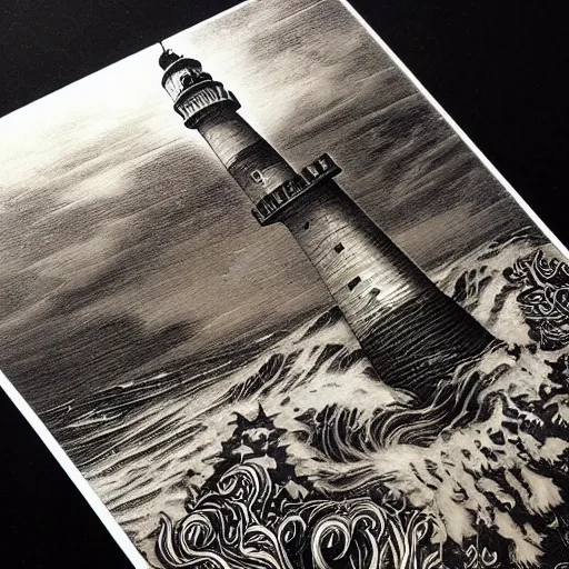 Prompt: bleak lighthouse, black paper, white ink, I, Renaissance style golden border, As above so below, tarot card, intricate design, 3d relief, insanely detailed, illustrated by Charlie Bowater and Donato Giancola, Major arcana