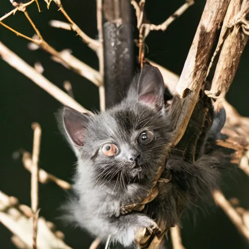 Image similar to a bat kitten, in a tree, Canon EOS R3, telephoto, very detailed, 4k