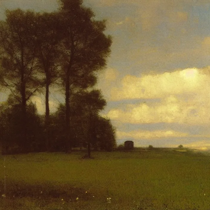 Prompt: a building in a landscape, by george inness