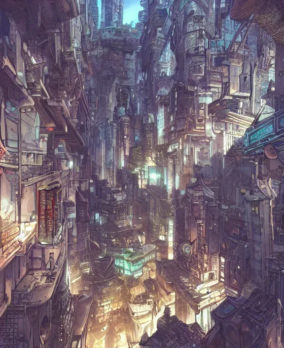Image similar to a detailed manga style illustration of a subterranean city, by moebius and stephan martiniere, 4 k resolution, detailed, unreal engine, octane render, trending on artstation
